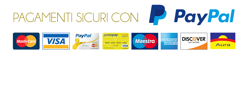 Paghi con PayPal, Satispay, carta di credito, bonifico bancario, contanti e contrassegno.