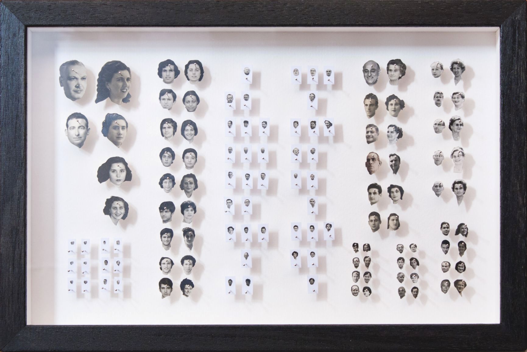 2013, vintage photos, pins, in wooden box frame, 26 x 39 x 5,5 cm