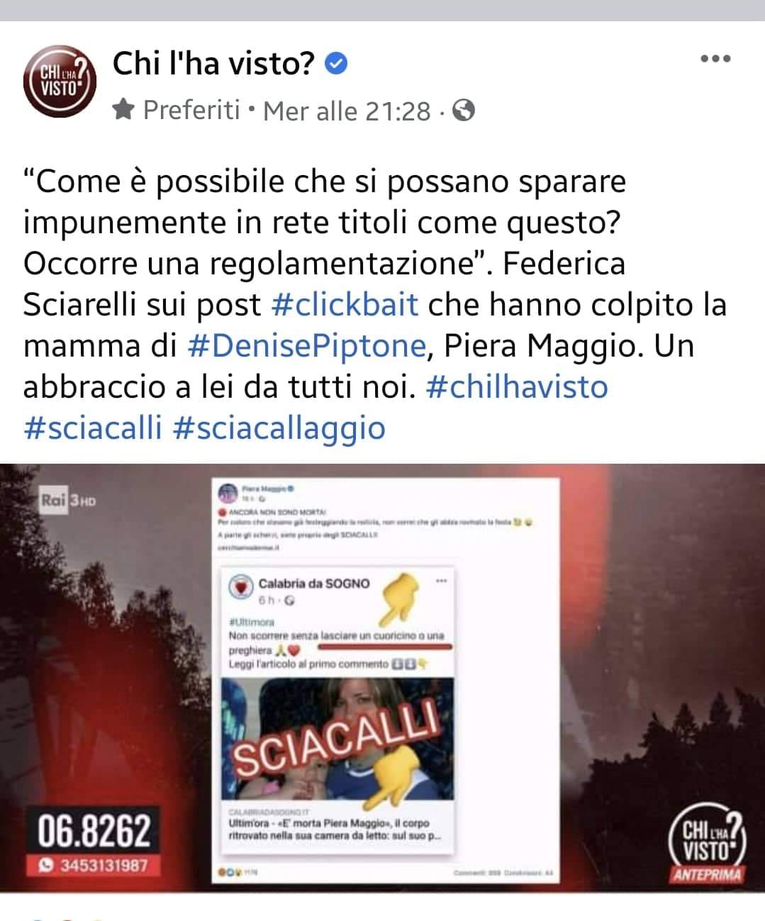 CHI L'HA VISTO? Federica Sciarelli: “Un sito annuncia la morte di Piera Maggio, denuncio questa bufala vergognosa”