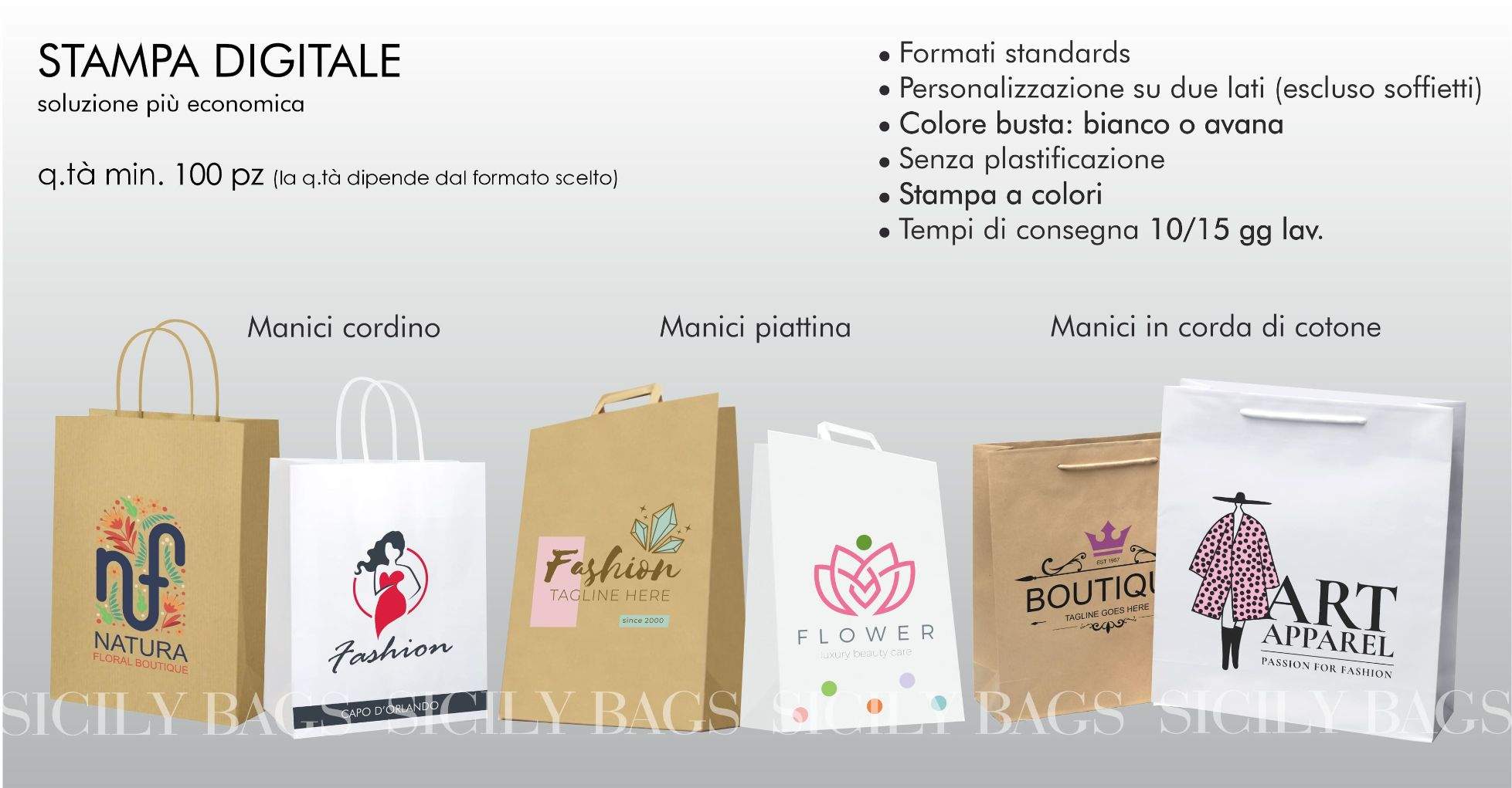 shoppers personalizzate, bag con stampa a colori, buste con logo pochi pezzi, sacchetti personalizzati economici, buste stampa digitale