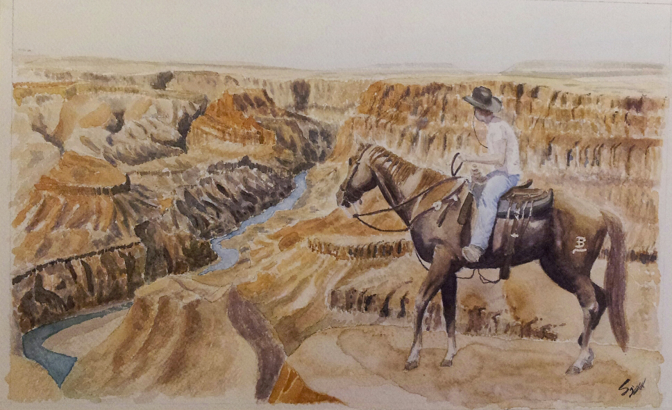waterpaint of my friend Eros riding his horse Vuelo