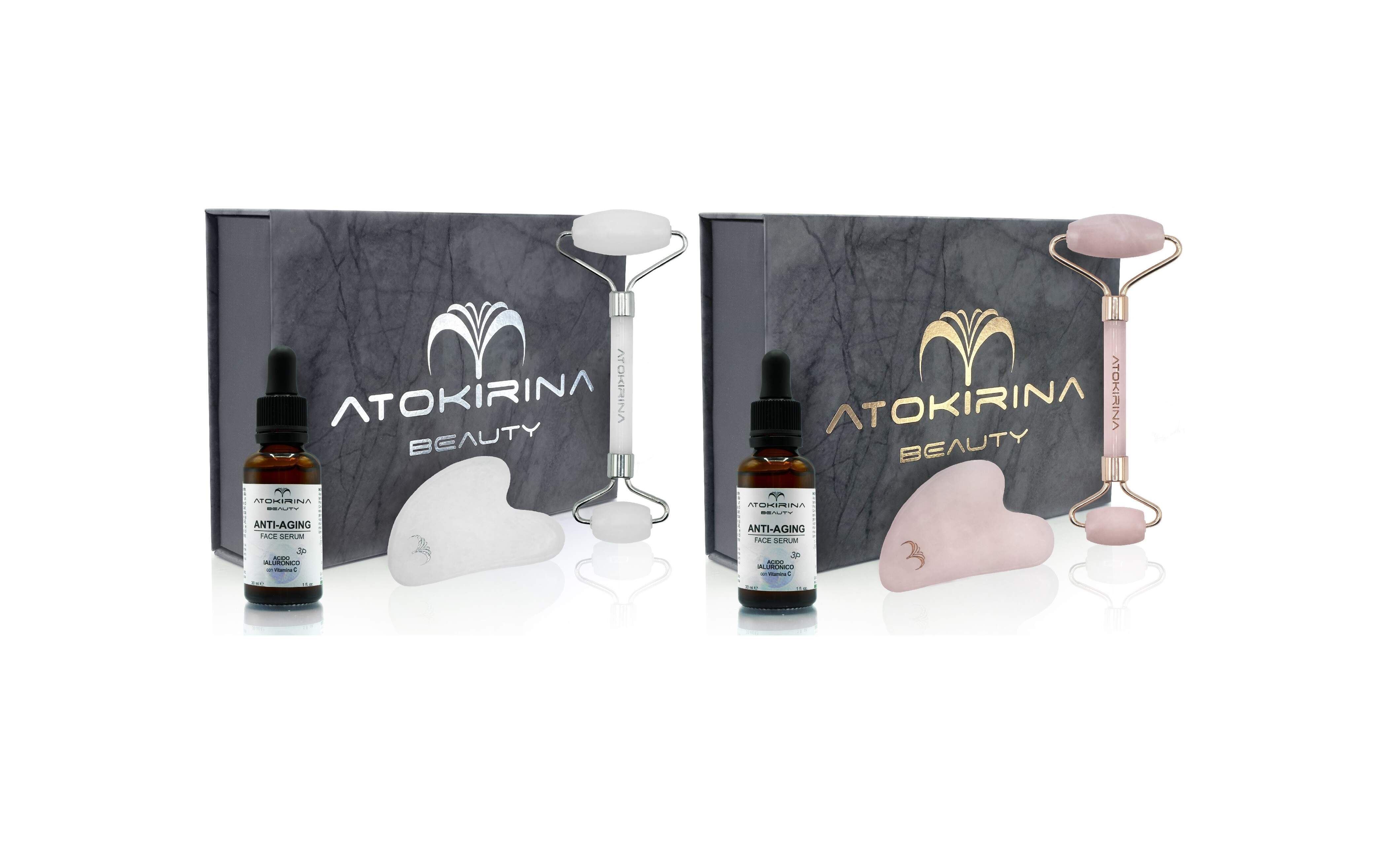 Atokirina Box Skin Care Quarzo Rosa - White Jade - Cofanetto di bellezza contente Siero Anti Aging + Rullo Viso e Pietra Guasha , Pietre naturali di Giada Bianca