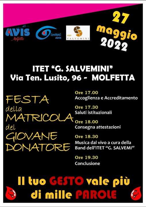 27 maggio - ITET G.Salvemini - Festa della matricola del giovane donatore