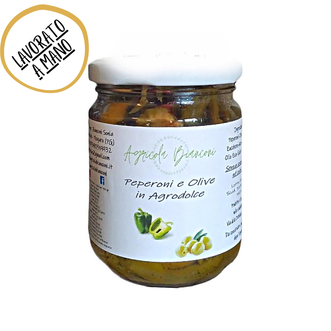 PEPERONI E OLIVE IN AGRODOLCE 160 GR - SWEET AND SOUR PEPPERS AND OLIVES 160 GR