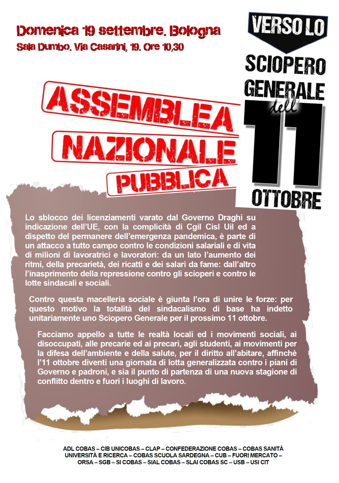 Bologna. Domenica 19 settembre Assemblea Nazionale verso lo sciopero generale dell'11 ottobre