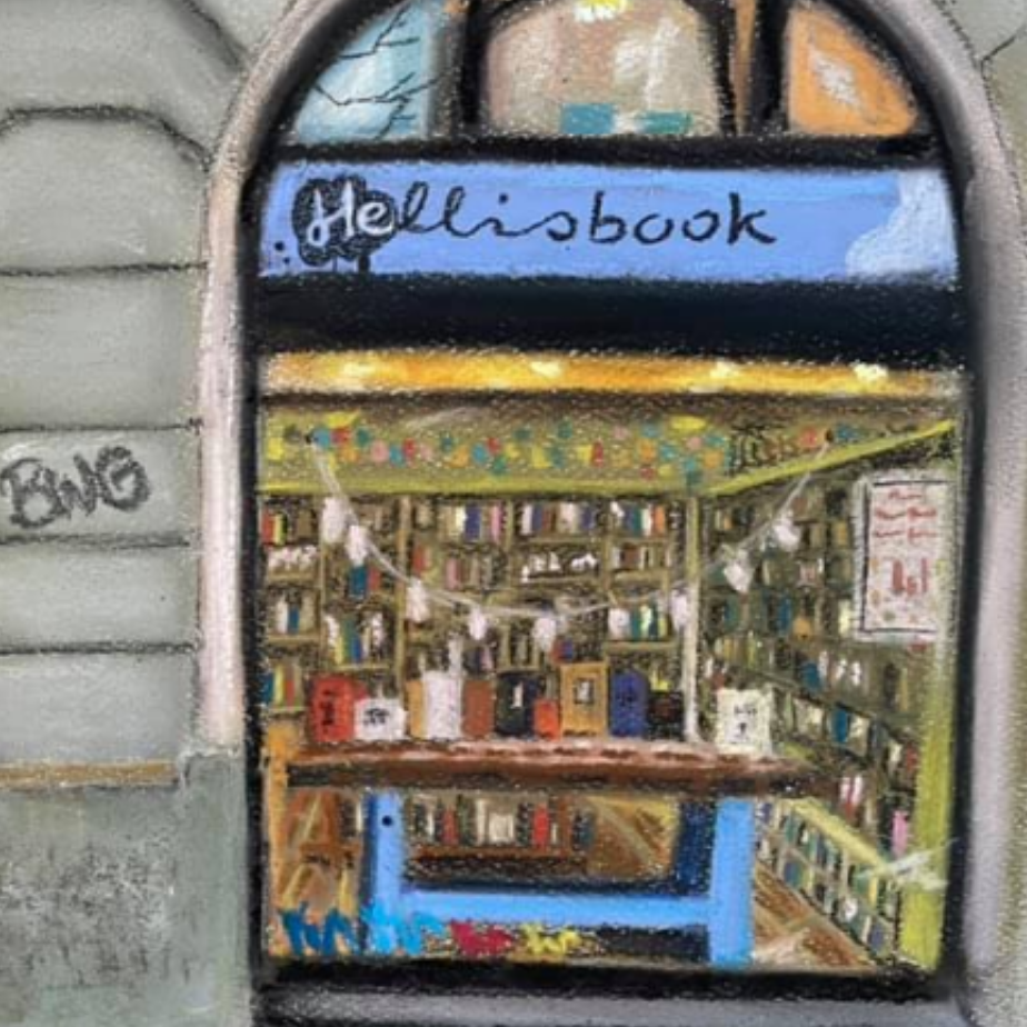 vetrina della libreria Hellisbook disegnata a gessetto