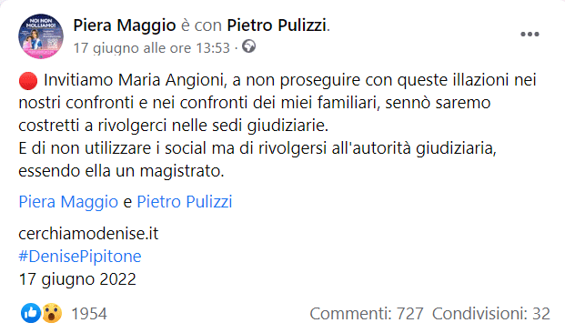 Piera Maggio e Pietro Pulizzi: Invitano Maria Angioni, a non proseguire con le illazioni
