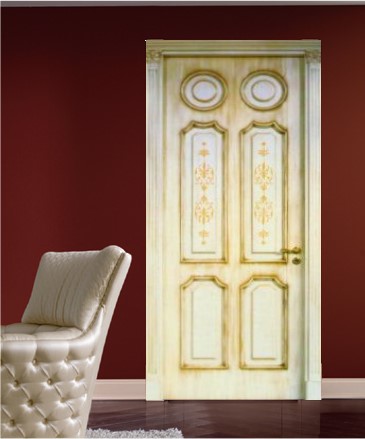 Porta in legno laccato anticato con bugne disegno a mano libero e cornice dipinte colore oro