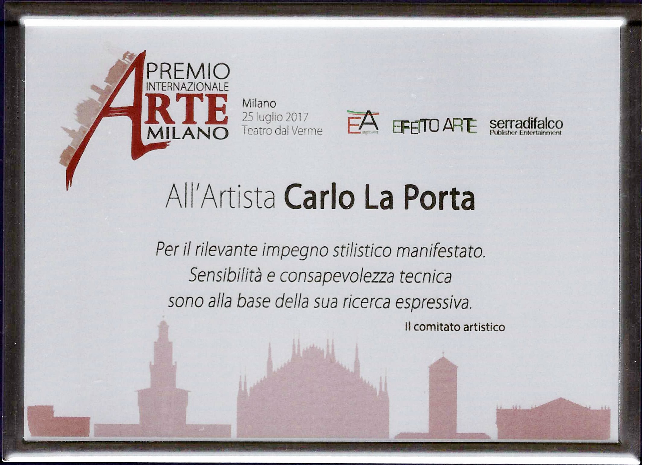 targa Premio Arte Milano all'Artista Carlo La Porta
