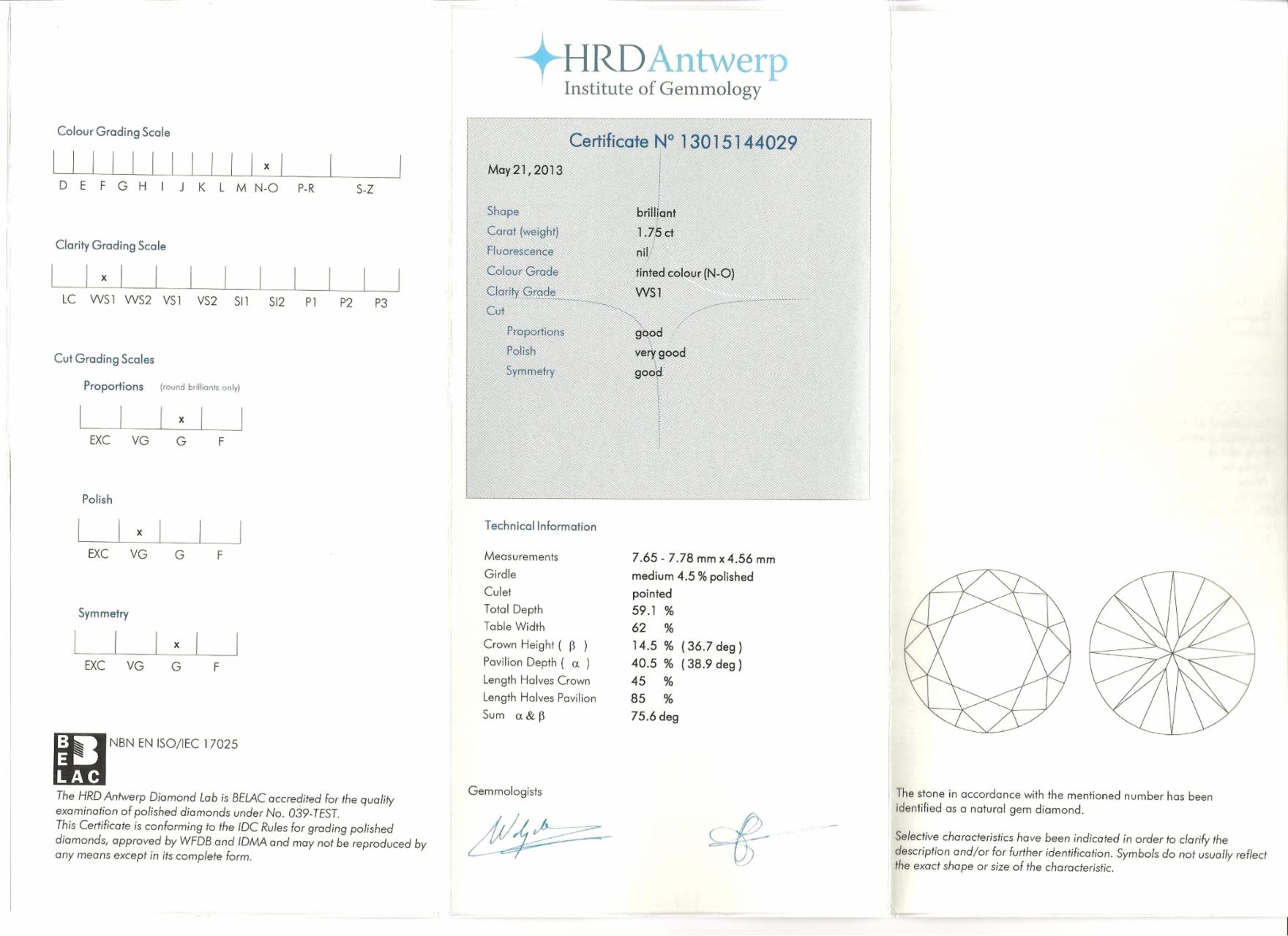 HRD Antwerp - N-O Vvs1 Ct. 1,75 € 9.450,00