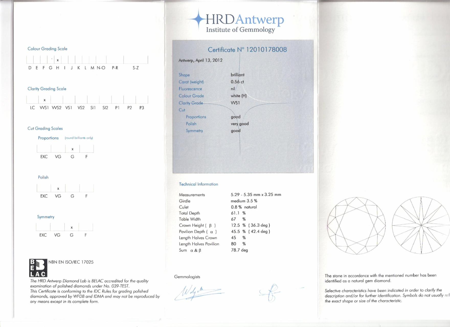 HRD Antwerp - H VVS1 Ct. 0,56 € 2.690,00