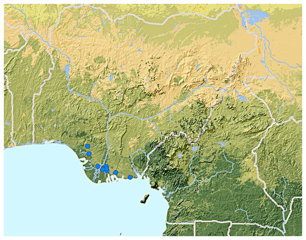 Location of the bushmeat markets surveyed in the Niger Delta during the IDECC field researches