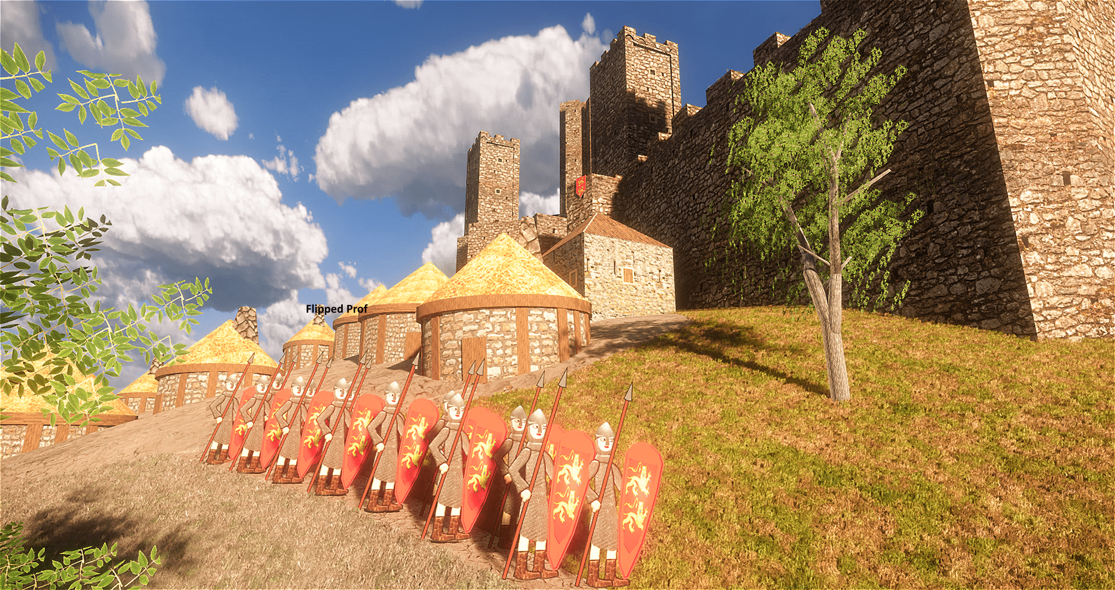soldati normanni in marcia con villaggio e castello sullo sfondo