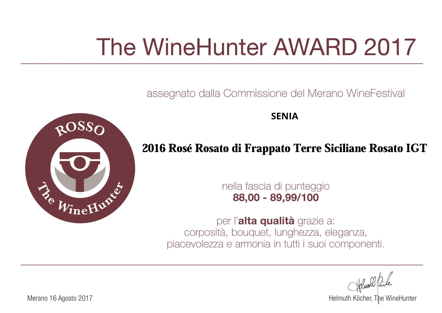 Il nostro Rosè Rosato di Frappato annata 2016 premiato dai giudici del Merano Wine Festival