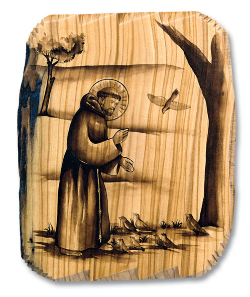 S.FRANCESCO PREDICA AGLI UCCELLI su legno d'olivo (13x16) cod.01093