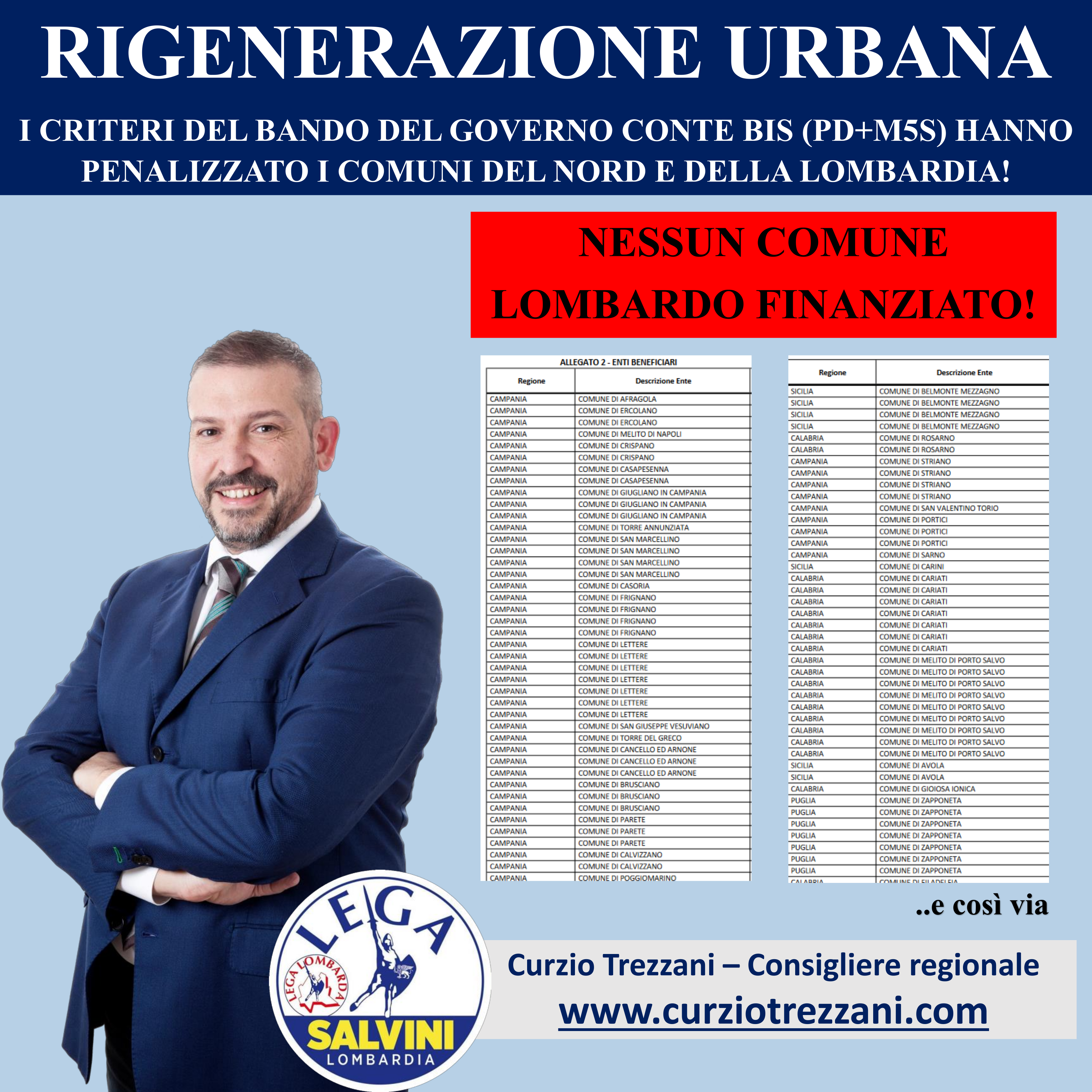 BANDO RIGENERAZIONE URBANA DEL VIMINALE, TREZZANI (LEGA): “NEMMENO UN COMUNE DEL NORD FINANZIATO, SCANDALOSO”