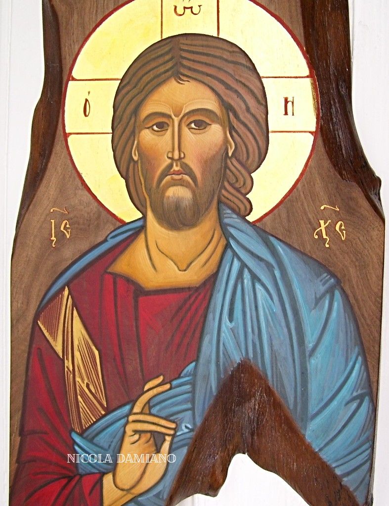 icona del cristo benedicente dipinta su legno dal laboratorio di arte sacra "Icone sacre" ,specializzato nella realizzazione di icone bizantine con stile moderno e originale che rendono l'icona un articolo unico e irripetibile