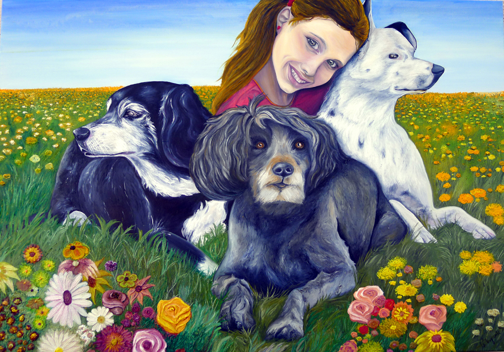 felicità quattro cani e un chihuahua dipinto olio su tela di carmen trigiante artista filosofa pugli