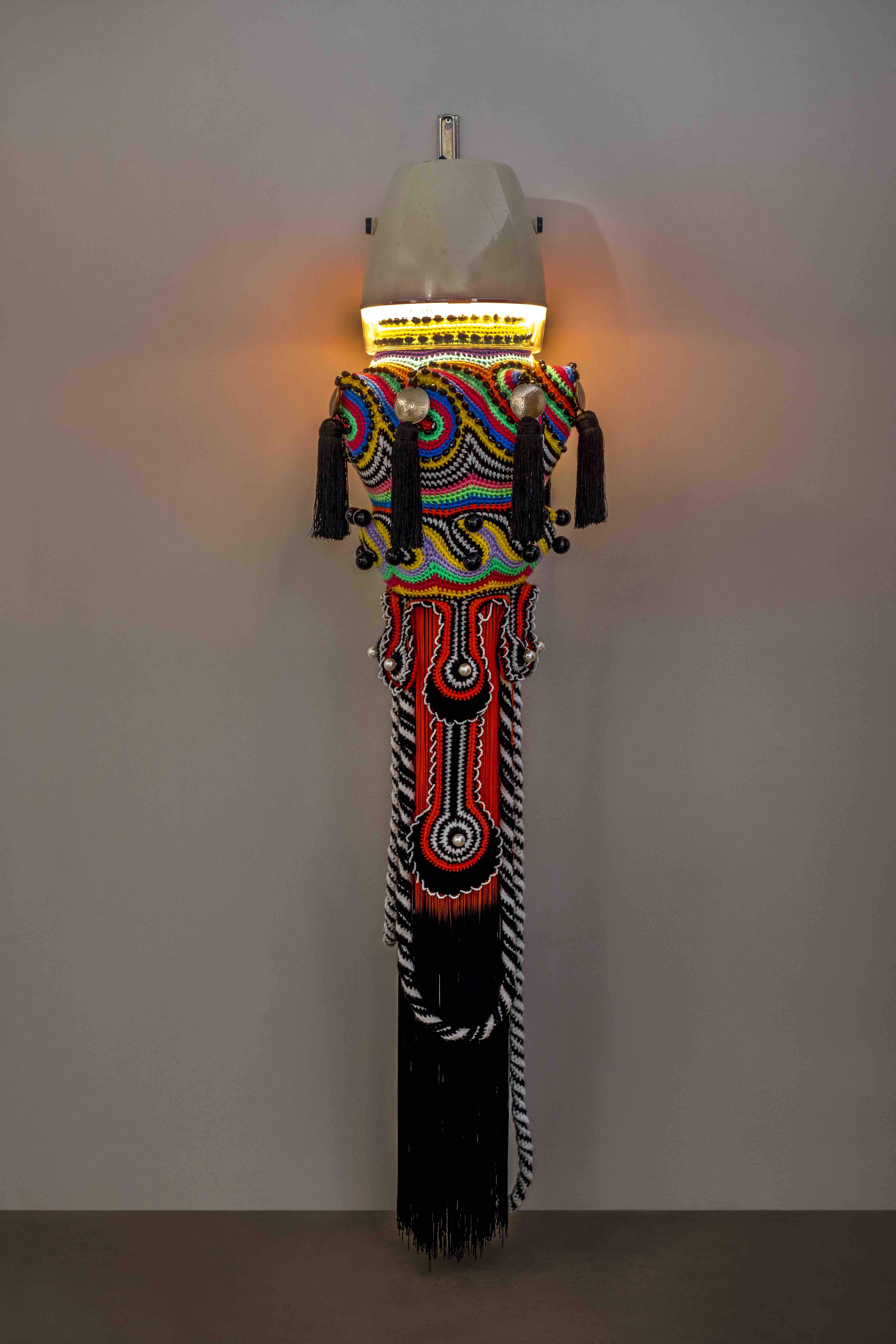 2021, hairdryer, handmade woollen crochet, ornaments, LED, polyester, 182 x Ø 46 cm