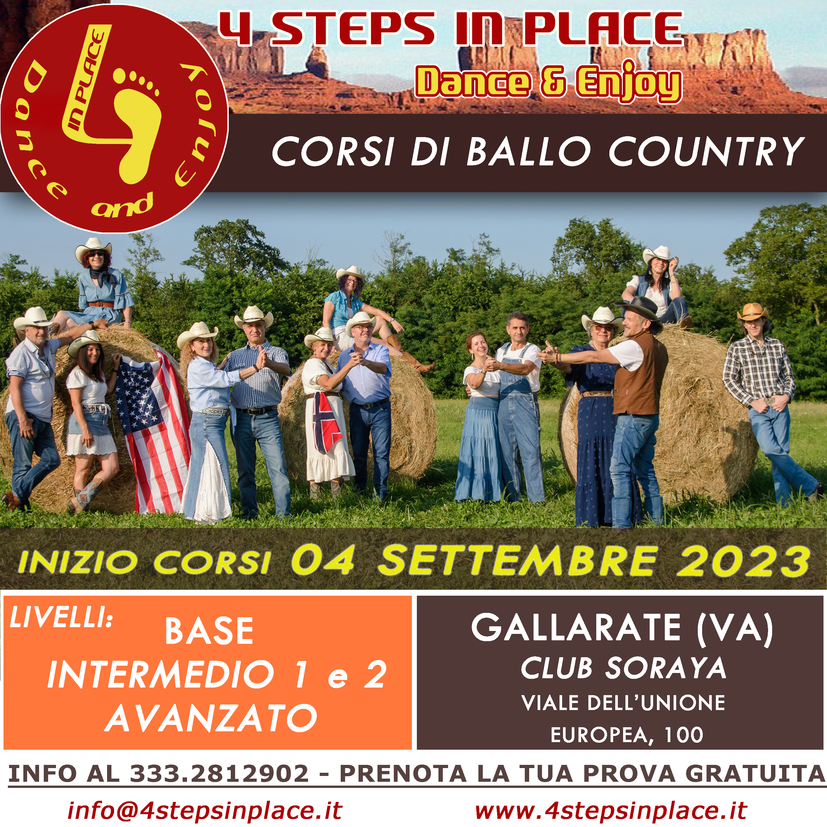 Settembre 2023: RICOMINCIANO I CORSI di BALLO COUNTRY della nostra Scuola 4 Steps in Place!!!