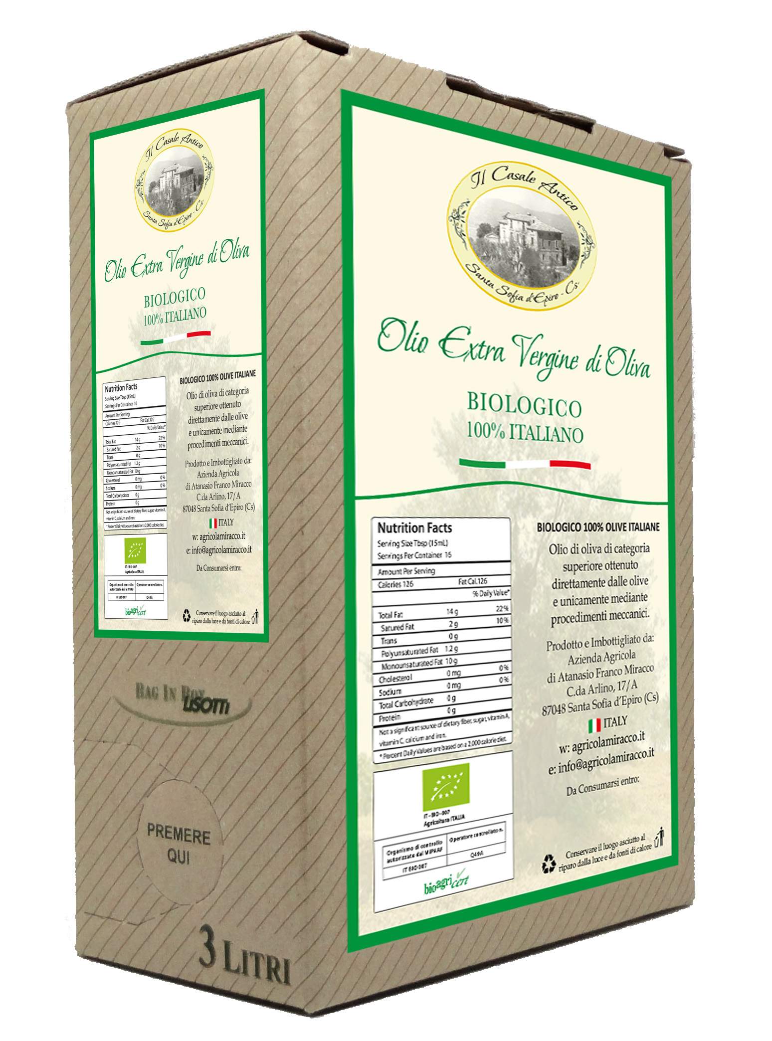 Bag in Box "Il Casale Antico" 3 Lt. Olio Extravergine di Oliva Biologico 100% Italiano