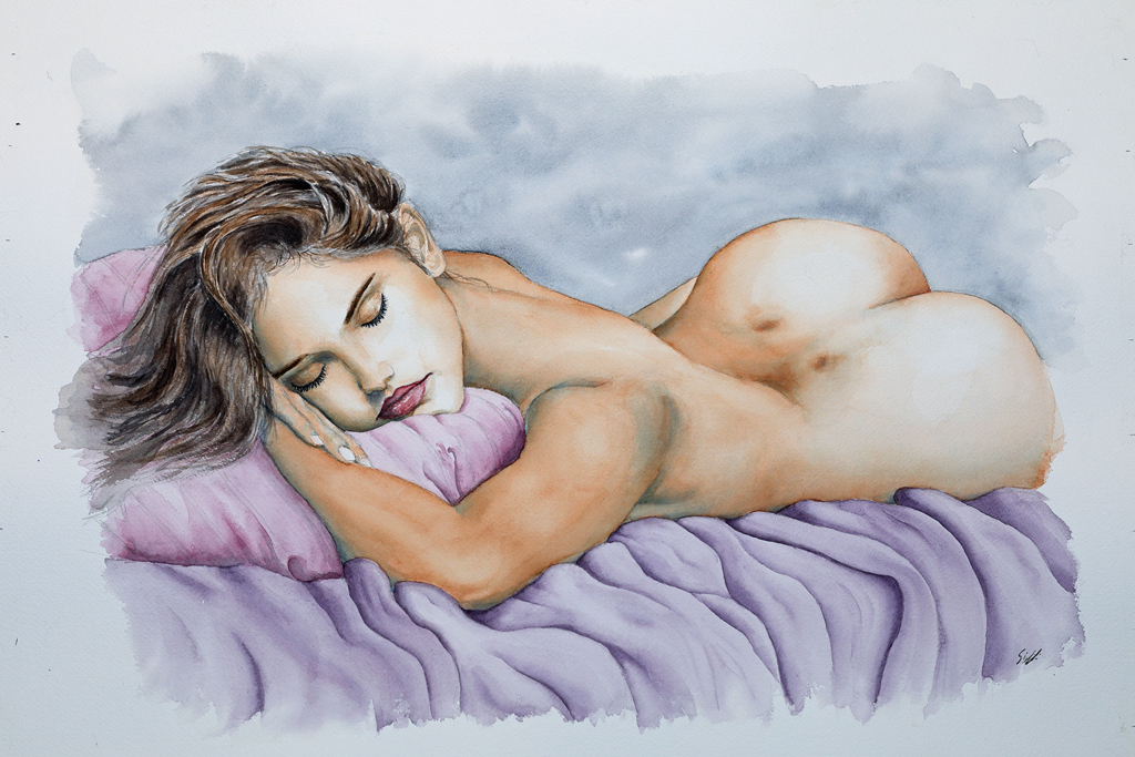 waterpaint of a woman asleep on her bed