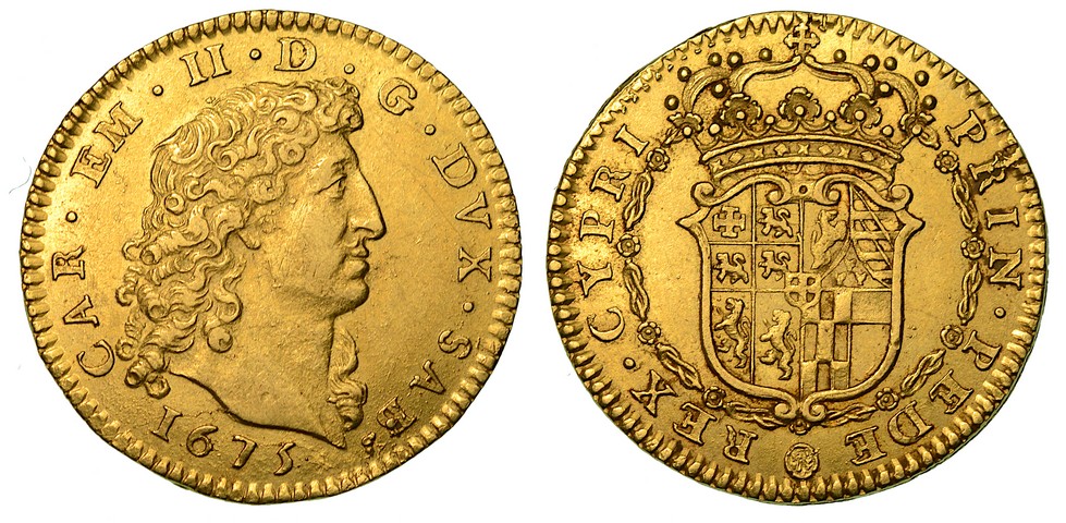 CARLO EMANUELE II (1648-1675). L'Adriano del Piemonte. Doppia d'oro 1675 (IV tipo). q.SPL