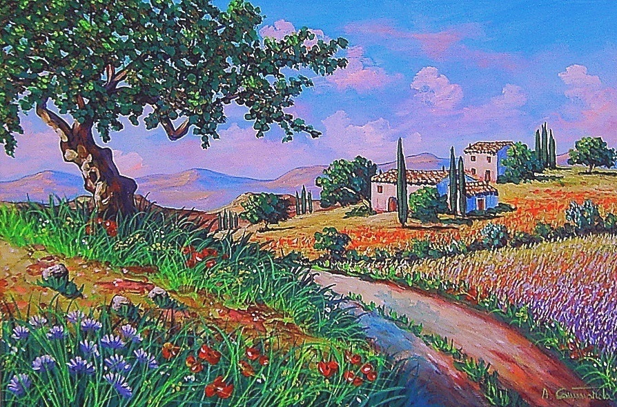 quadri paesaggi dipinti olio su tela fiori case papaveri ginestre