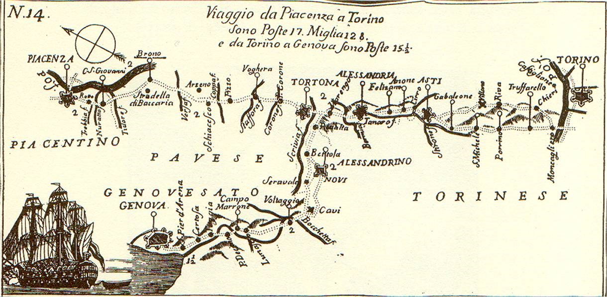 Tavola del 1772 sulla quale sono segnatele località provviste di fermate di posta: è riprodotta la direttricePiacenza-Torino dalla quale, nei pressi di Tortona, si poteva deviareper Genova
