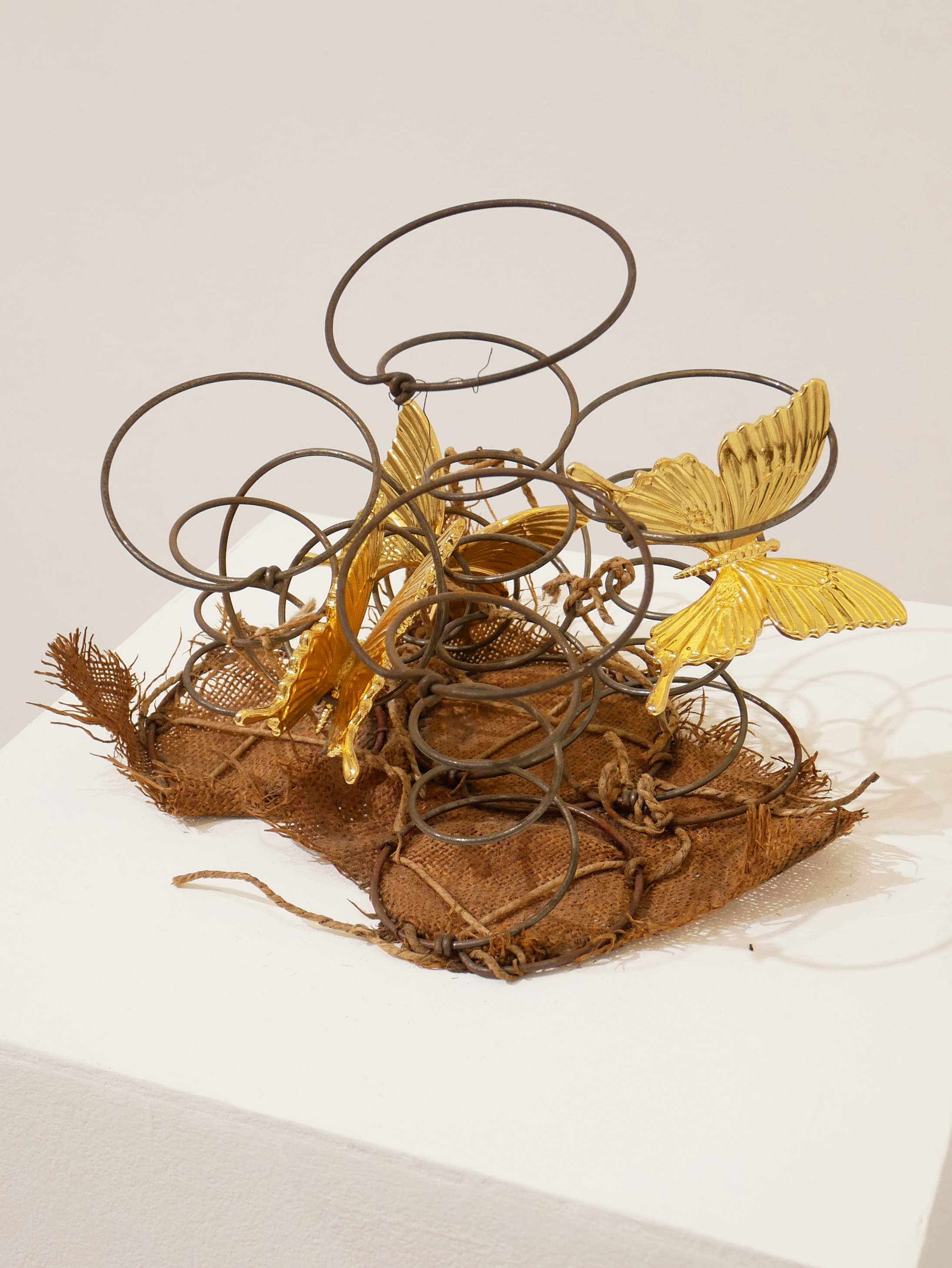 2020, metal, jute, string, gold plated, brass butterflies, 25 × 37 × 34 cm