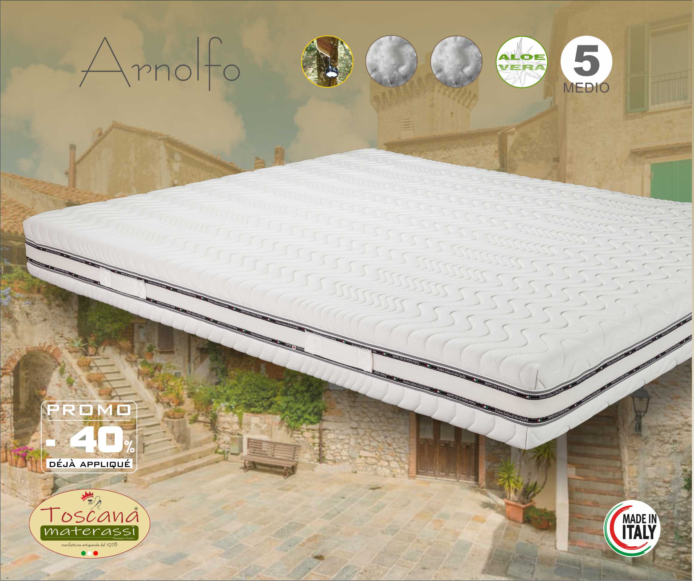 Matelas ARNOLFO h. 20 - latex VivoLat Naturally, hypoallergénique, amovible et lavable