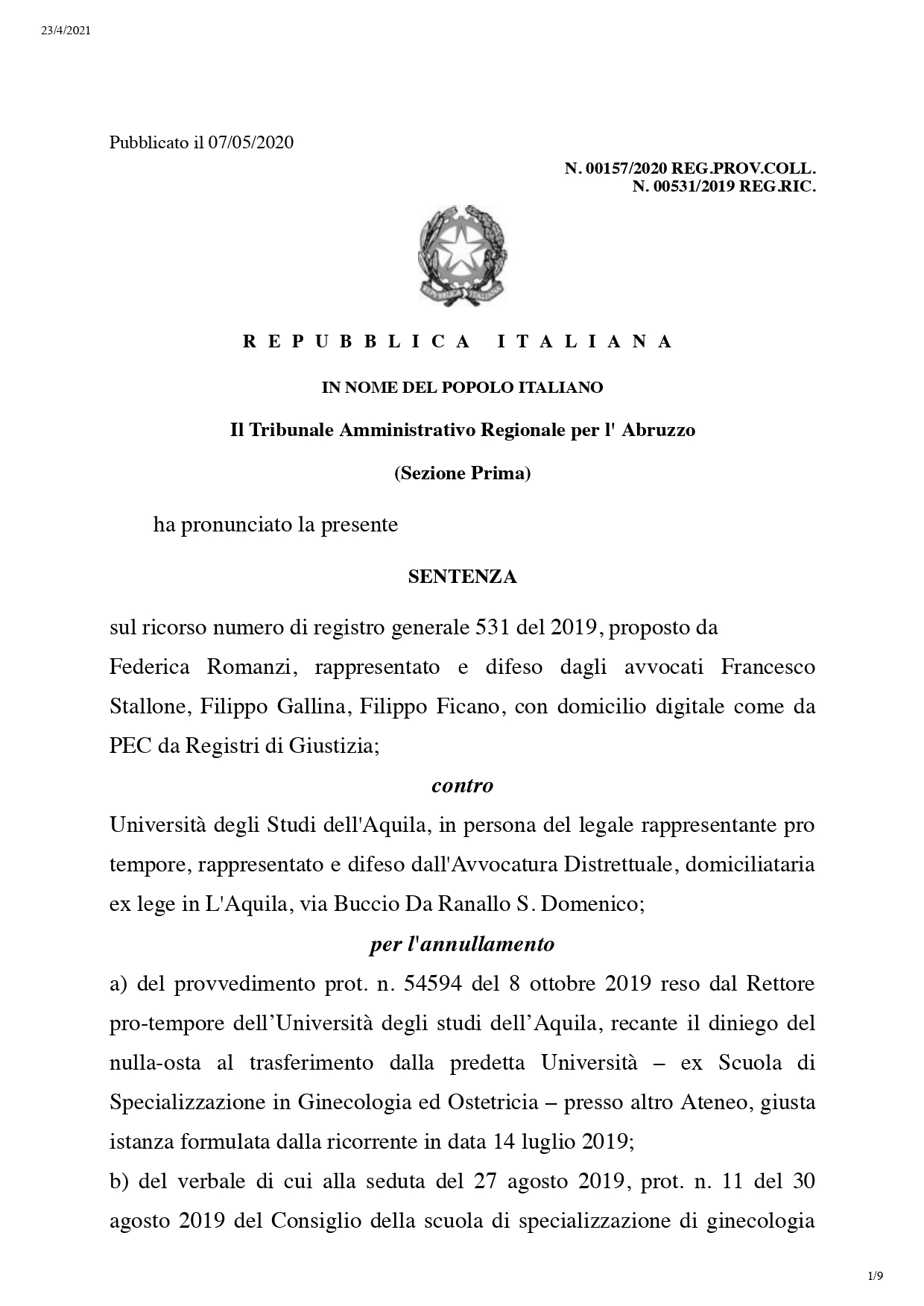 sentenza n 00157-2020 - TAR Abruzzo - nulla osta specializzandi_page-0001jpg