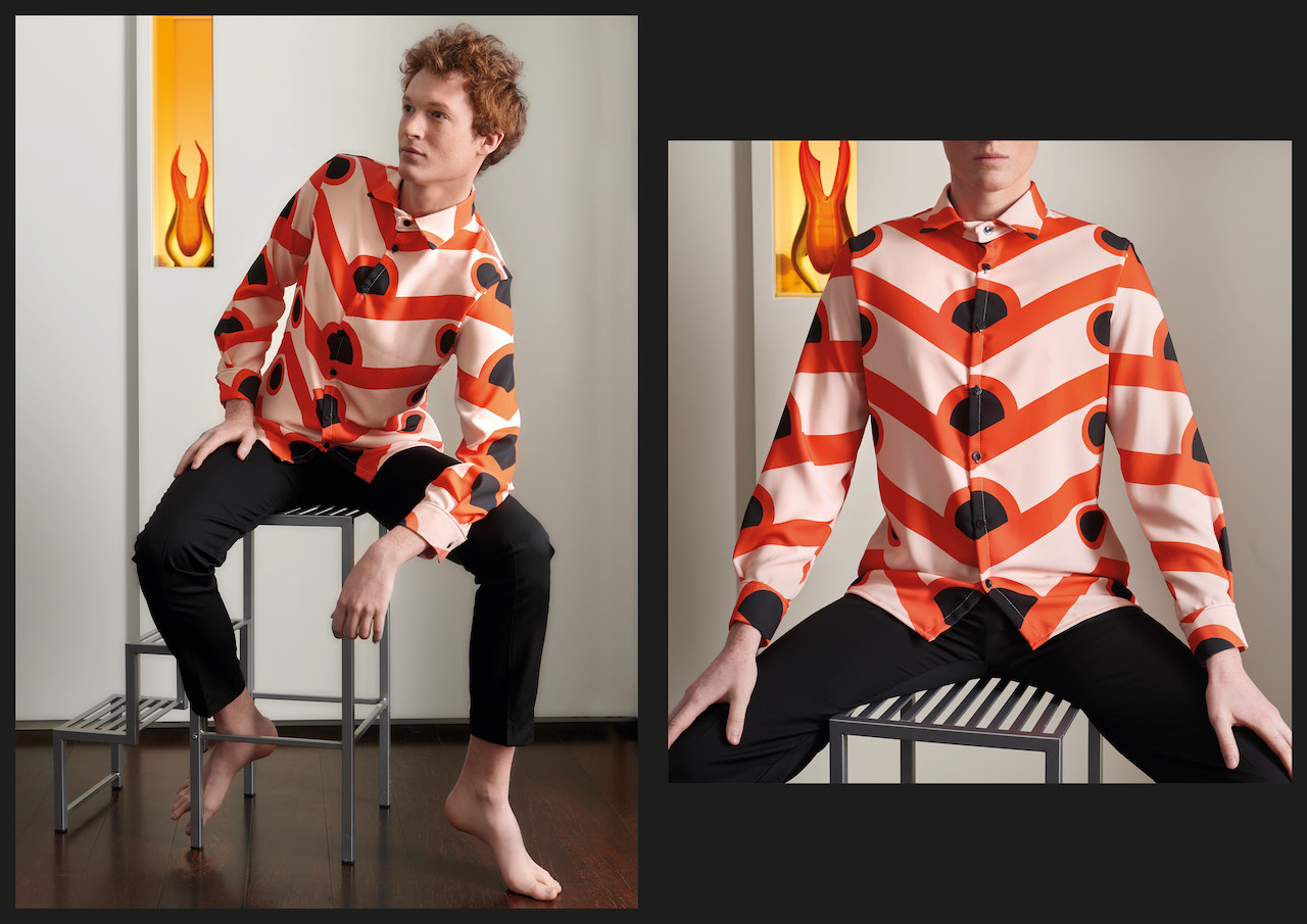 Michele Giambrocono Couture SS21 - Camicia stampata arancio nero e rosa