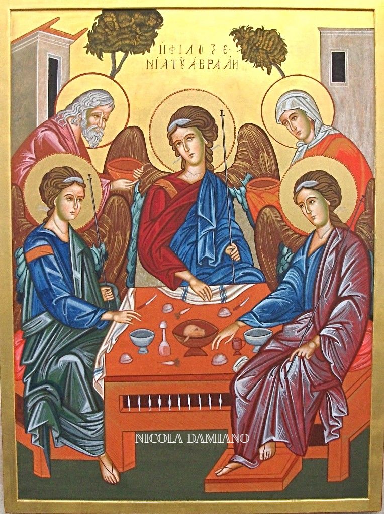 Icona  della trinità dipinta dalla scuola di iconografia di Nicola Damiano,icone angeli,icone arcangeli,icona angelo custode,icone dei santi,icona di sara,icona di abramo,icona antico testamento