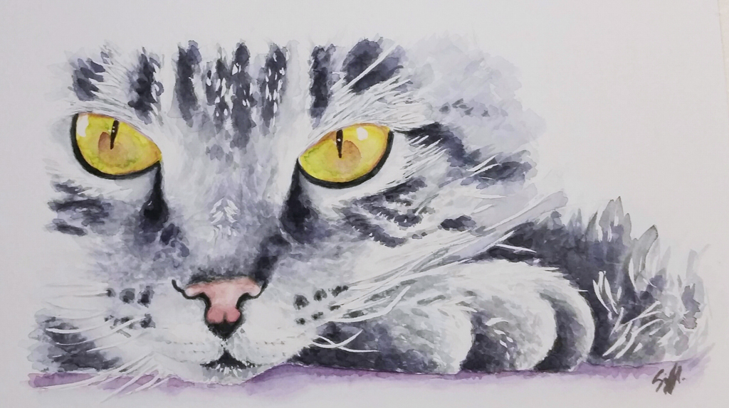waterpaint of a cat with magnetic yellow eyes