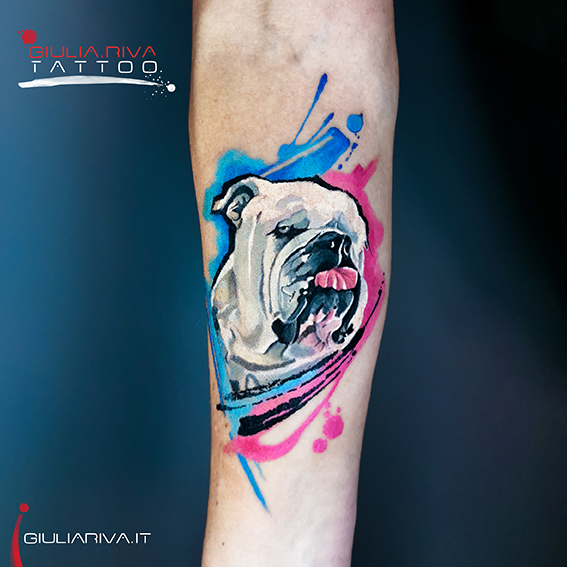 giulia riva tattoo tatuaggio stile watercolor trash polka realistico cane bulldog
