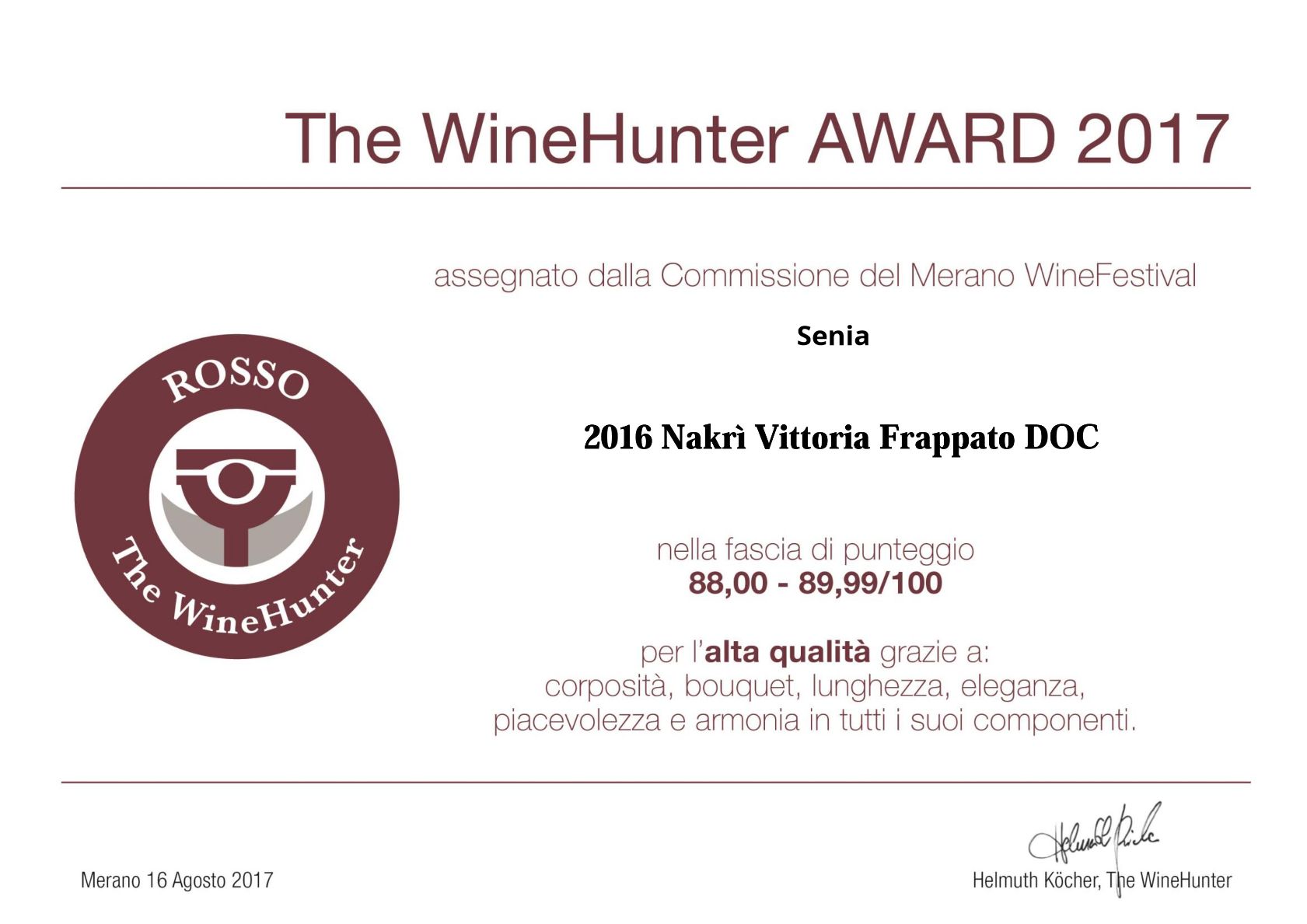 Il nostro Nakrì Vittoria Frappato Doc annata 2016 premiato dai giudici del Merano Wine Festival