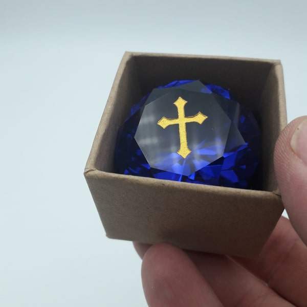 Cristallo a Forma di Diamante Blu Cobalto - Croce dorata - CBCD001