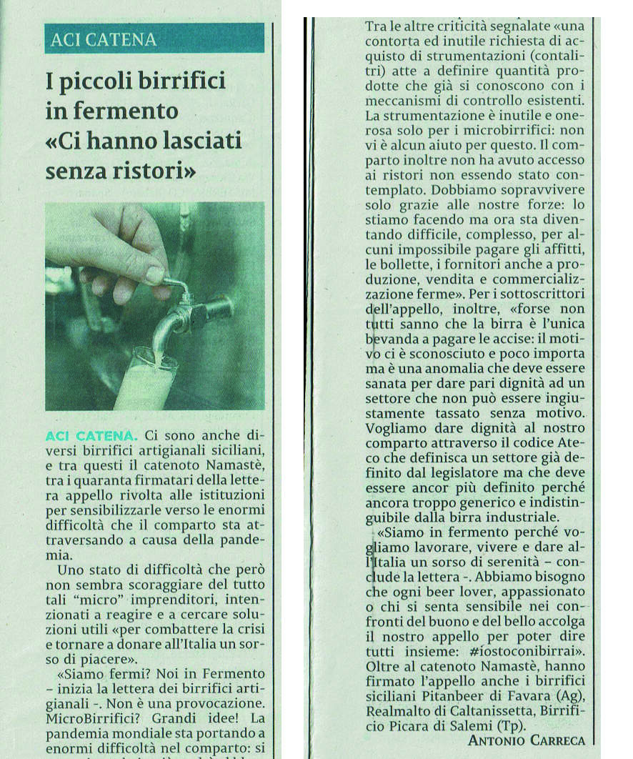 Articolo " La Sicilia " - I birrifici senza ristori "