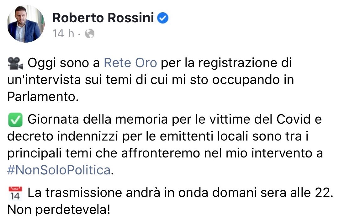 Roberto Rossini, deputato M5S, stasera a Rete Oro, ore 22.00