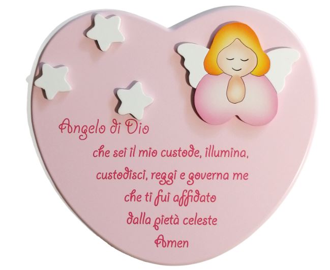 ANGELO DI DIO cuore rosa con angelo che prega rosa (27x24x2,5) cod.60000284
