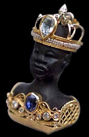 Busto in ebano scolpito a mano, diamanti, zaffiro azzurro naturale, acqua marina e piccole perle
