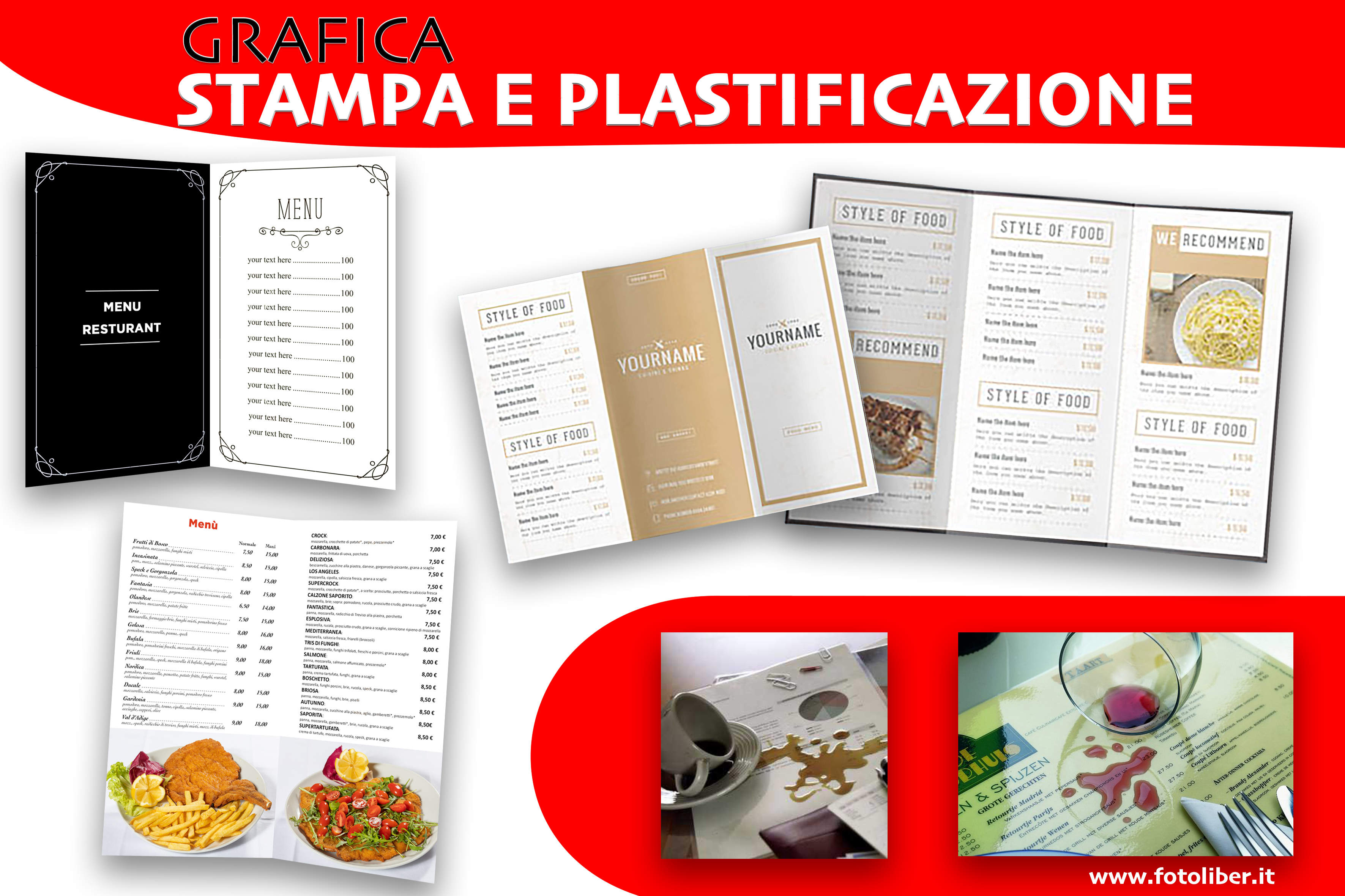 Grafica, stampa e plastificazione di menù e listini per ristoranti e bar