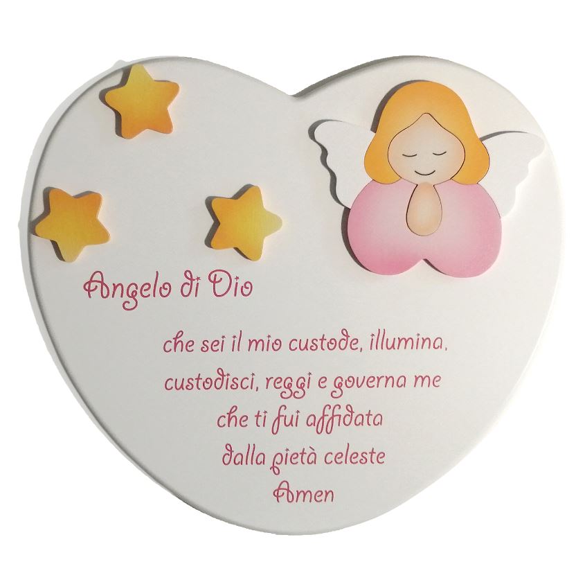 ANGELO DI DIO cuore bianco con angelo rosa (27x24x2,5) cod.70028