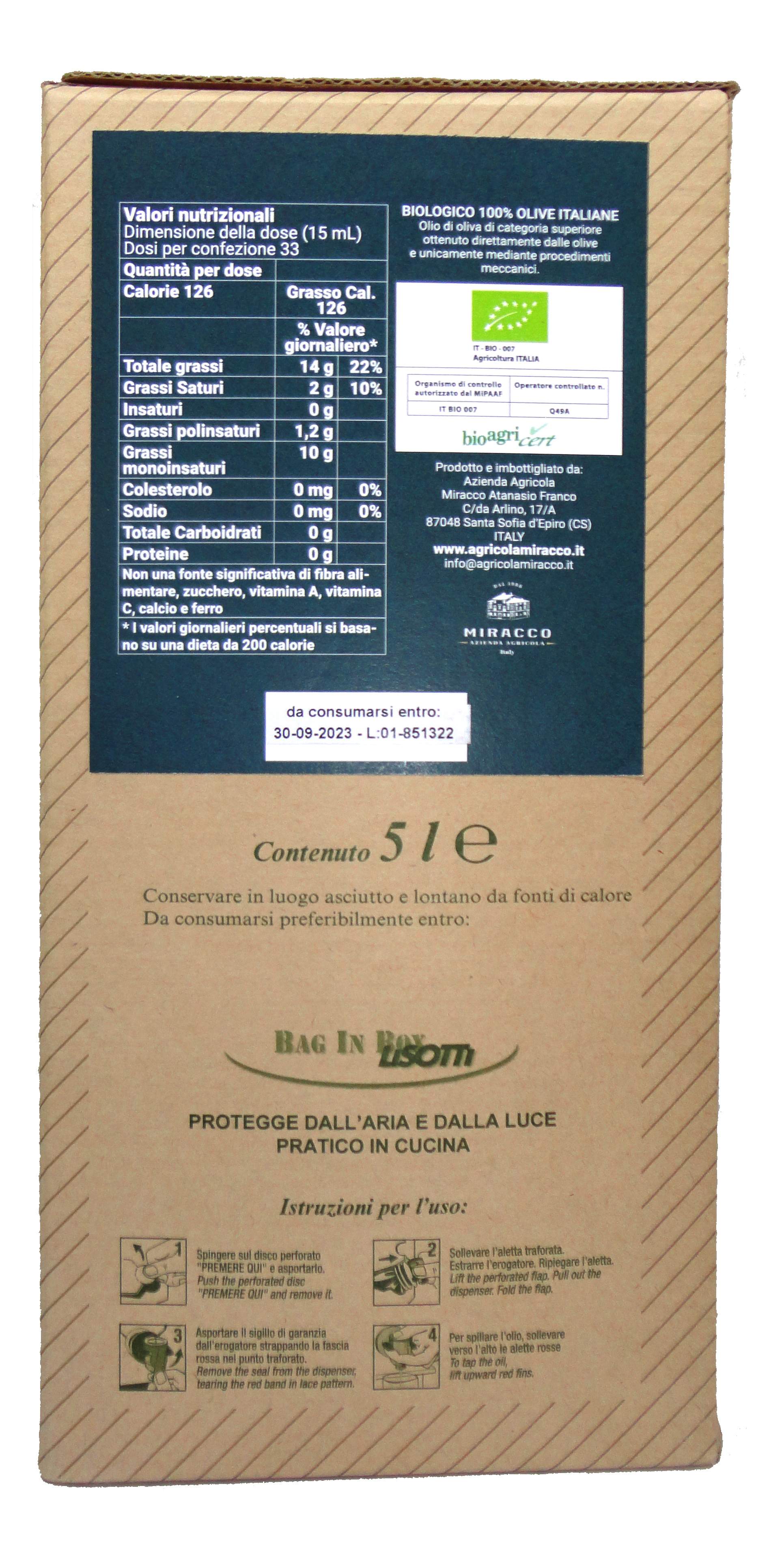 Bag in Box "I Fiscoli" 5 Lt. Olio Extravergine di Oliva Biologico 100% Italiano