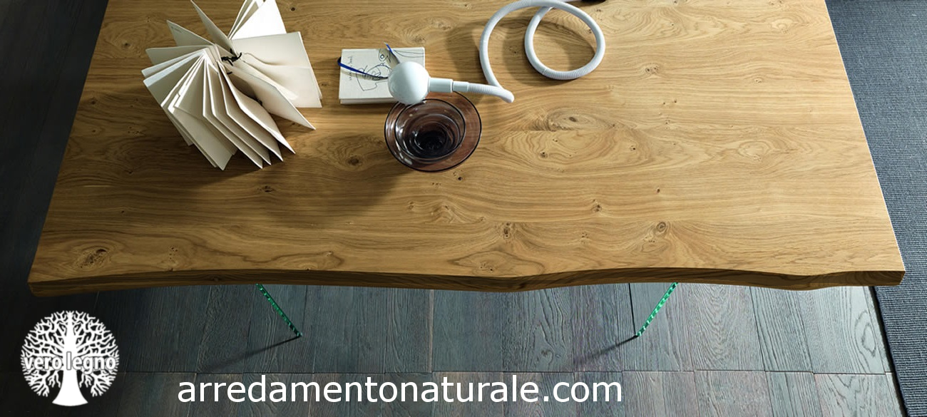 tavolo con piano vero legno naturale con taglio tronco corteccia
