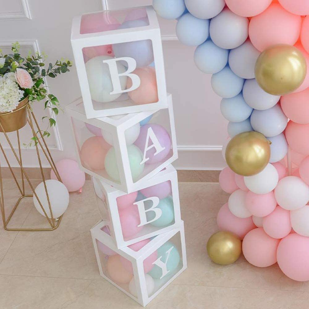 Rif_313 4PCS Baby Shower Boxes Decorazione per Feste, Scatole per Palloncini Trasparenti