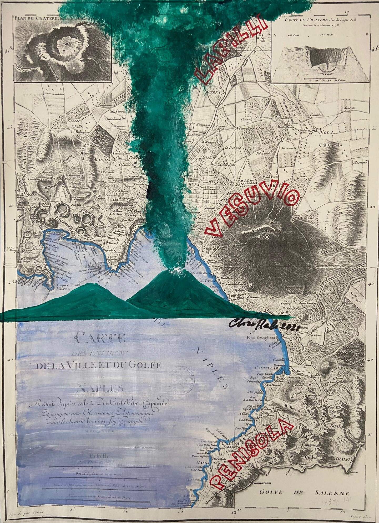 Vesuvio su antica cartina Napoli verde verticale