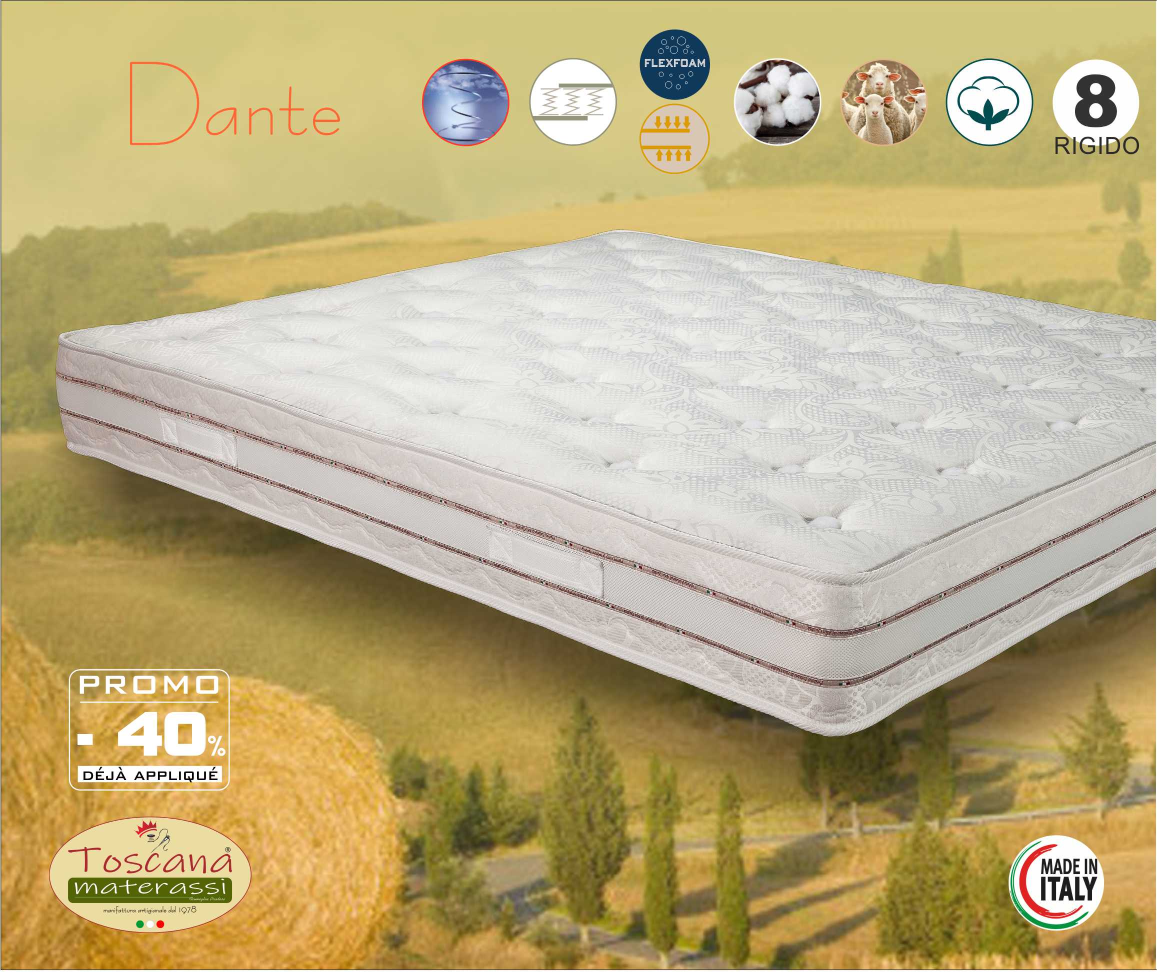 Matelas DANTE h. 21 - ressorts de bonnel orthopédiques 400 avec laine italiens et coton