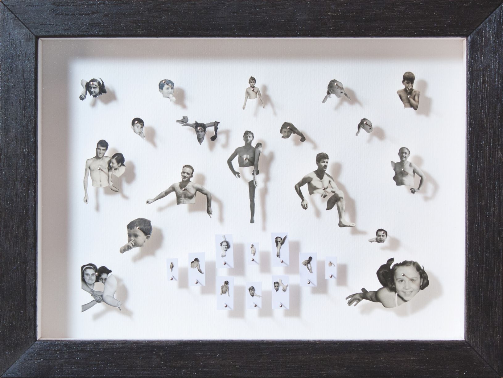 2013, vintage photos, pins, in wooden box frame, 19,5 x 26 x 5,5 cm